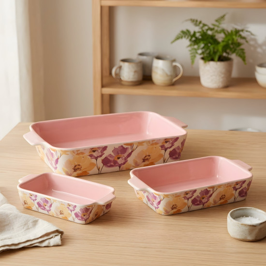 Floral Porcelain Casserole Set 3 Pcs